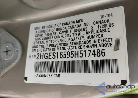 2005 Honda Civic Lx из США, поврежденный, VIN 2HGES16595H517486